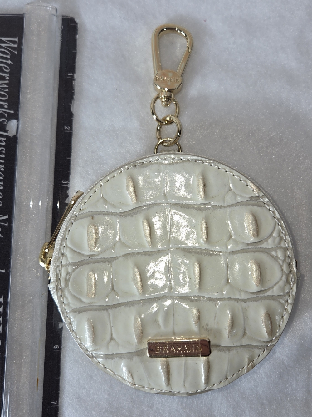 Brahmin Round Coin Purse Keychain - Cream Croc Embossed. Real Leather. NWOT